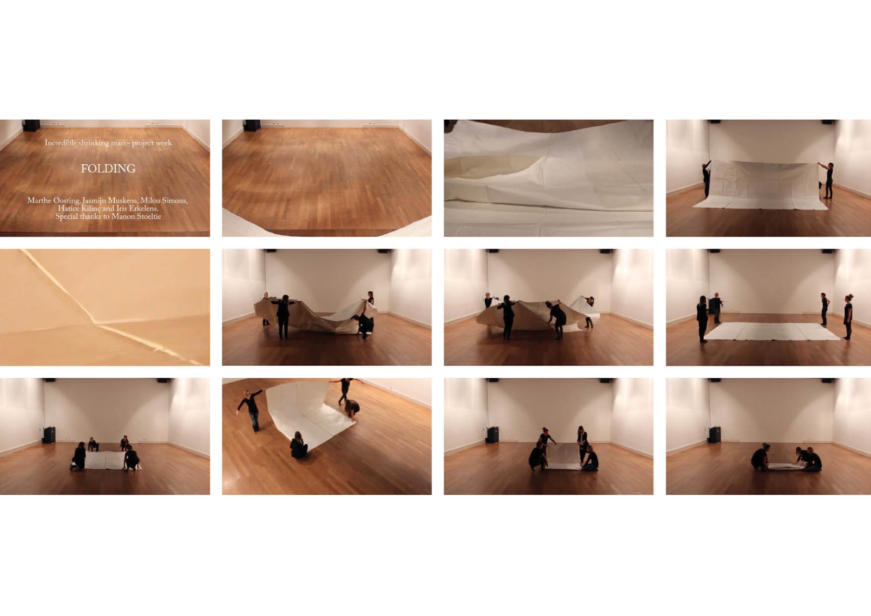 4 by 3 grid of screenshots of 4 people folding an enormous paper.